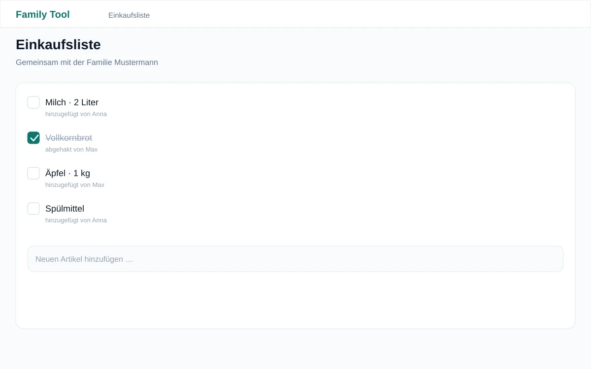 Gemeinsame Einkaufsliste in Family Tool
