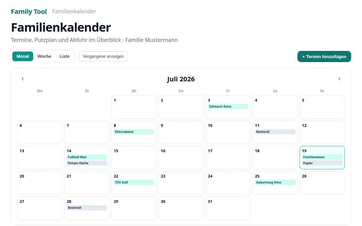 Familienkalender UI mit Monatsansicht, Terminen und Abfuhrterminen