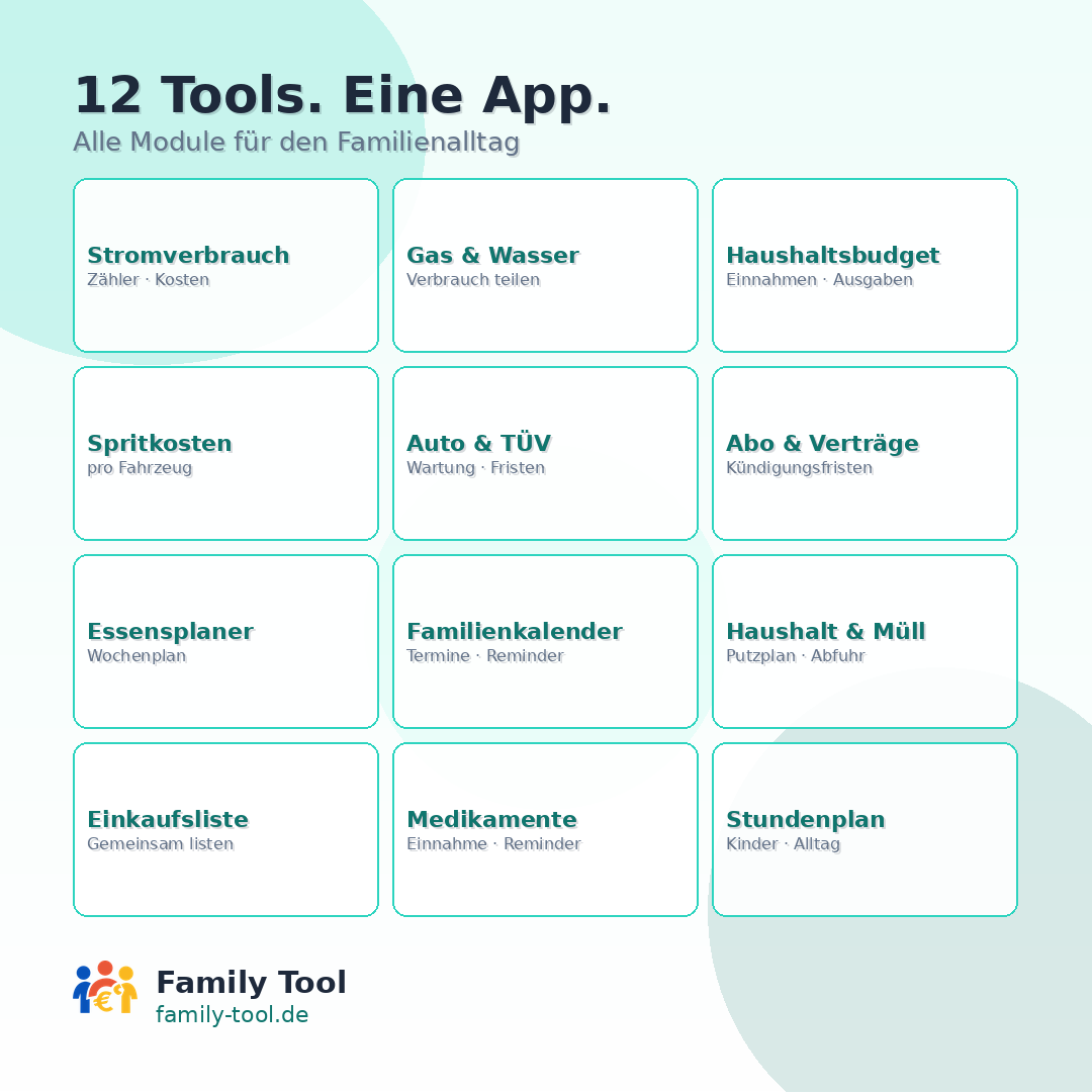 Social-Grafik: Übersicht der 12 Tools in Family Tool